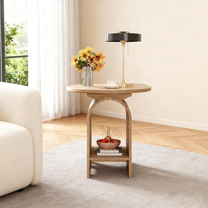 Modern Round Wooden Side Table Set of 2, Small Decorative Coffee Table Vintage Nightstand with Lower Open Shelf for Living Room, Bedroom Or Small Space, Natural X2