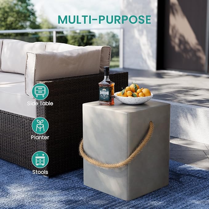 SUNBURY Concrete Side Table Set of 2, Outdoor Side Table for Patio, 18" H Outdoor Accent Table w Hemp Rope, Patio Side Table End Table in Medium Gray, Ceramic Side Table Garden Stool Log Table