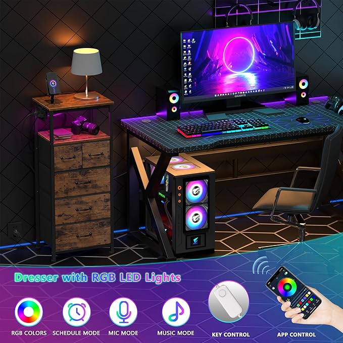 Furnulem Dresser for Bedroom, Tall Nightstand, Vertical Chest with Wood Top, Charging Station, LED Lights, 5 Fabric Bins, Bedside Table with Shelf, Furniture for Entryway (5 Drawer, Rustic Brown)