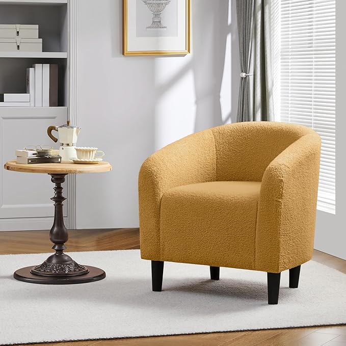 Yaheetech Accent Barrel Chair, Boucle Fabric Club Chair, Furry Sherpa Elegant and Cozy, Soft Padded Armchair for Living Room Bedroom Reception Room Office, Mustard Yellow