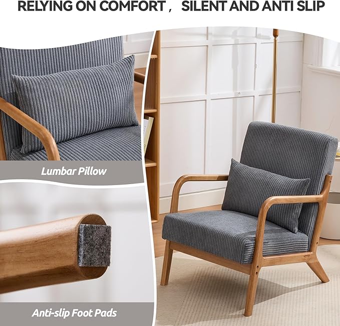 Mid Century Modern Corduroy Accent Chair, Living Room Chairs with Lumbar Pillow Boho Arm Chiar Reading Chair with Solid Wood Frame for Living Room Bedroom