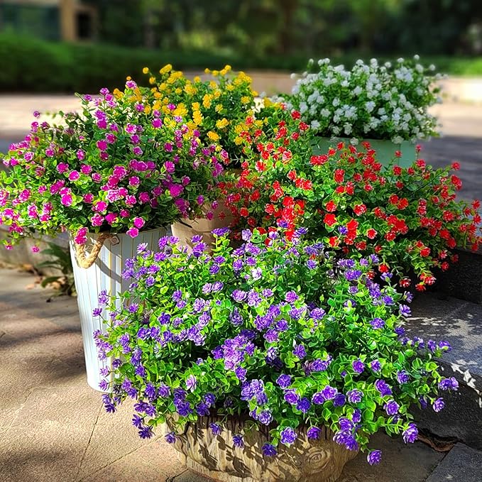 12 Bundles Artificial Flowers for Outdoors, UV Resistant Fake Flowers with Plastic Plants, Faux Flowers for Outside Window Box Front Porch Hanging Planter Decor (Purple)