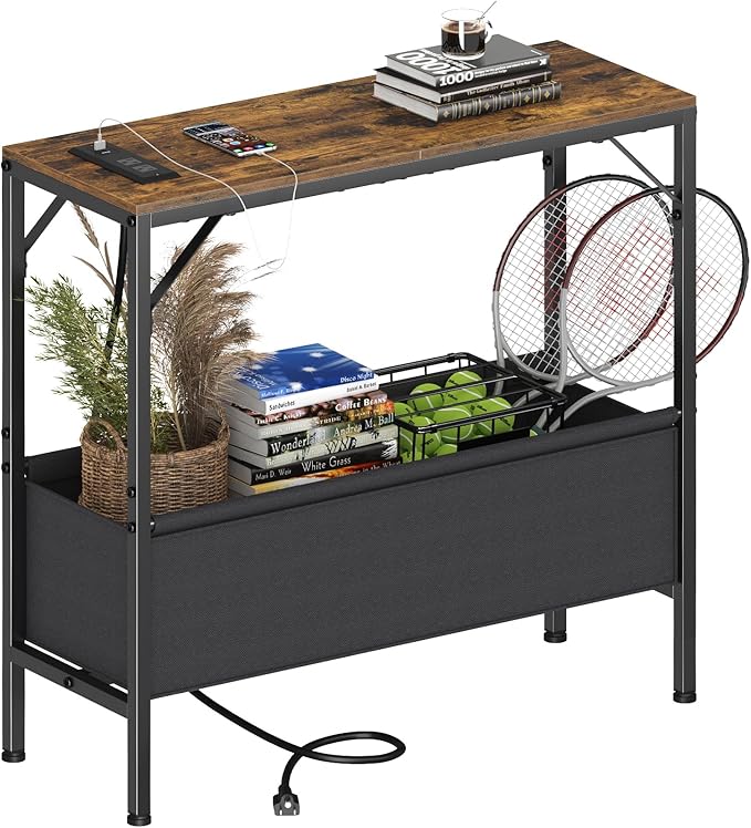 Small Console Table with Charging Station and Storage Basket, 31.5'' Couch Table Behind Sofa, Entryway Table, Narrow Console Table for Hallway, Foyer, Living Room, Rustic Brown