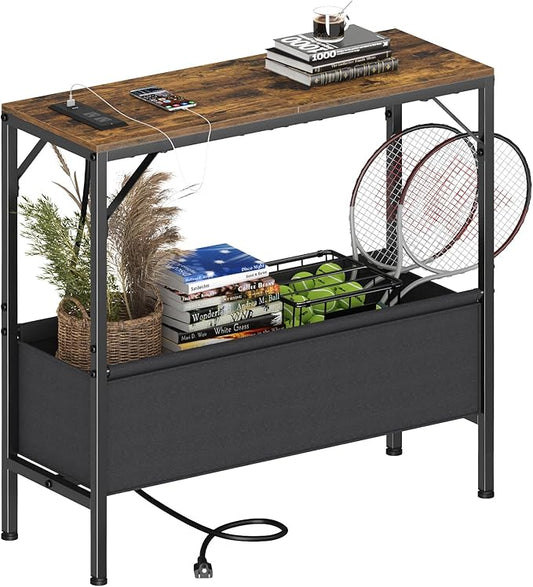 Small Console Table with Charging Station and Storage Basket, 31.5'' Couch Table Behind Sofa, Entryway Table, Narrow Console Table for Hallway, Foyer, Living Room, Rustic Brown