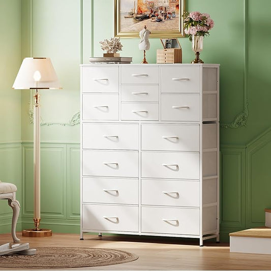 Tall Console Table with 15 Fabric Drawers, Entryway Table with Storage, Tall Storage Organizer with Wood Top, Steel Frame for Living Room, Hallway, Office, White