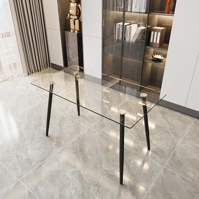Glass Dining Table, 51'' Rectangle Dining Room Table,Modern Kitchen Table with Tempered Glass Tabletop and Metal Leg,Dining Table for 4 Suitable Kitchen Dining Living Meeting Room