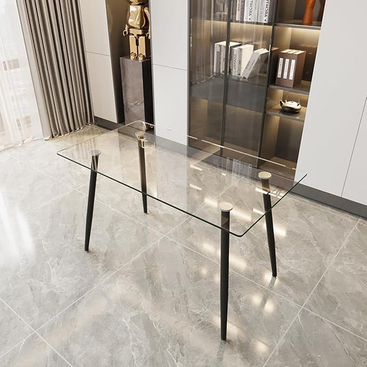 Glass Dining Table, 51'' Rectangle Dining Room Table,Modern Kitchen Table with Tempered Glass Tabletop and Metal Leg,Dining Table for 4 Suitable Kitchen Dining Living Meeting Room