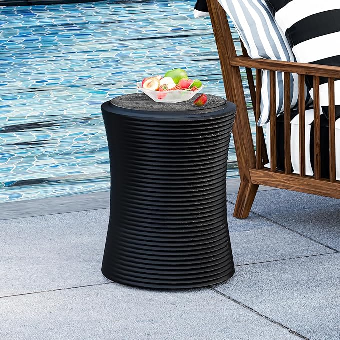HOMPUS Concrete Outdoor Side Table w Cylindrical Thread Round Coffee Table, Home Decor Plant Stand Outdoor Accent Table Patio Drum End Table for Living Room, Bedroom or Balcony, Black