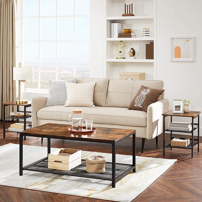 VASAGLE Nightstand, Set of 2 Side Tables, End Tables with Adjustable Mesh Shelves, for Living Room, Bedroom, Industrial, Stable Steel Frame, Easy Assembly, Rustic Brown and Black ULET24X