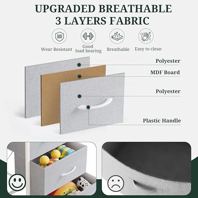 Nightstand, 4 Drawer Dresser End Table Bedside Furniture with Wooden Top Steel Frame Fabric Bins for Bedroom, Closet, Entryway, Dorm, Living Room, Light Gray