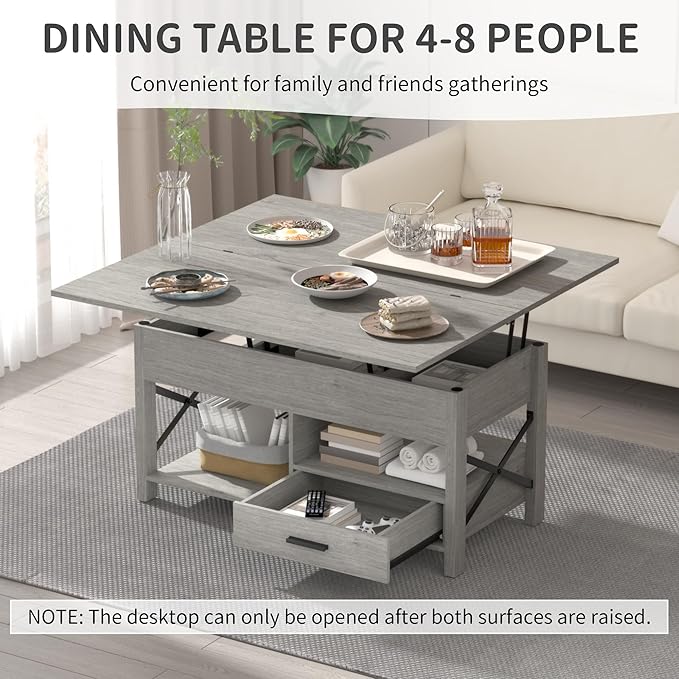 Lift Top Coffee Table with Storage, Convertible Coffee Table Converts to Dining Table, Center Table with Drawer and Hidden Compartment, Farmhouse Coffee Tables with Lifting Top for Living Room, Grey