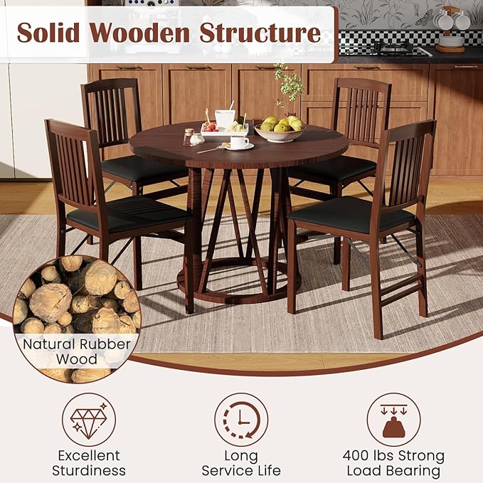 Giantex Folding Dining Chairs Set of 2, Solid Wood Frame, Foldable Wood Kitchen Chairs with Padded Seat, Max Load 400 Lbs, No Assembly, Armless Side Chairs for Apartment Dining Room, Brown & Black