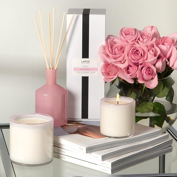 LAFCO New York Classic Reed Diffuser, Blush Rose - 6 oz - Up to 3 Months Fragrance Life - Reusable Glass Vessel - Natural Wood Reeds - Made in The USA