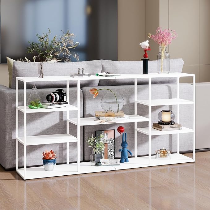 63 Inch Metal Console Table with 8 Storage Shelves,Extra Long Entryway Table,Narrow Sofa Table,Hallway Table for Entrances to Corridor, Foyer,Living Room (White, 62.99×11.81×31.5)