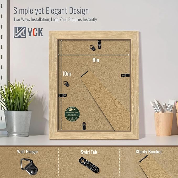VCK 8x10 Picture Frame 5 Pack - Natural Oak, High-End Wood Poster Frames with Tempered Glass, Display 5x7 Photo with Mat or 8x10 without Mat, Art Gallery-Quality, Wall Hanging/Tabletop, Natural Oak