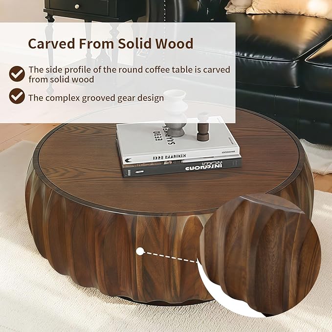 31.5" Walnut Round Solid Wood Carved Coffee Table with Elegant Sculptural Design, Modern Side Table for Living Room, Bedroom, Office