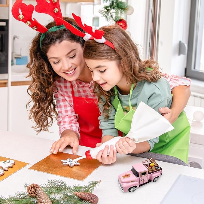 Pink Gingerbread Christmas Decor Vintage Farmhouse Metal Truck with Mini Fake Candy Cookie Box Ginger Bread Man Pastel Gingerbread Christmas Tabletop Decorations for Xmas Tray Holiday Mantel Kitchen