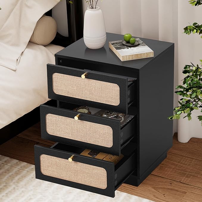 16 Inch Nightstand with 3 Drawer, Modern Wood Night Stand Storage with Linen Decor, Farmhouse Small Side Table for Sofa Couch, End Table for Bedside Bedroom, Living Room (Black)