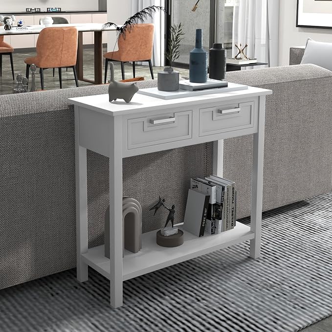 GOFLAME Console Table with 2 Drawers, 31” Entry Table with Storage Shelf, Modern, Narrow Sofa Table for Living Room, Hallway, Entrance (White)