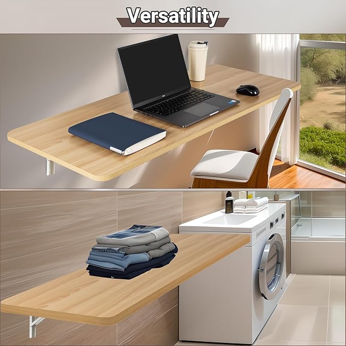 Wall Mounted Folding Table 47.2”L x 19.7”W, Laundry Folding Table with Heavy Duty Metal Collapsible Shelf Brackets, Wall Mounted Desk Fold Down for Small Spaces, Wood Color