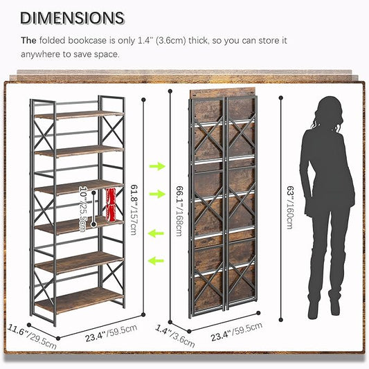 4NM 6 Tiers No Assembly Book Shelves, 61.8" H Folding Bookshelf Bookcase Open Industrial Foldable Shelves for Bedroom, Living Room, Home Office - Rustic Brown Black