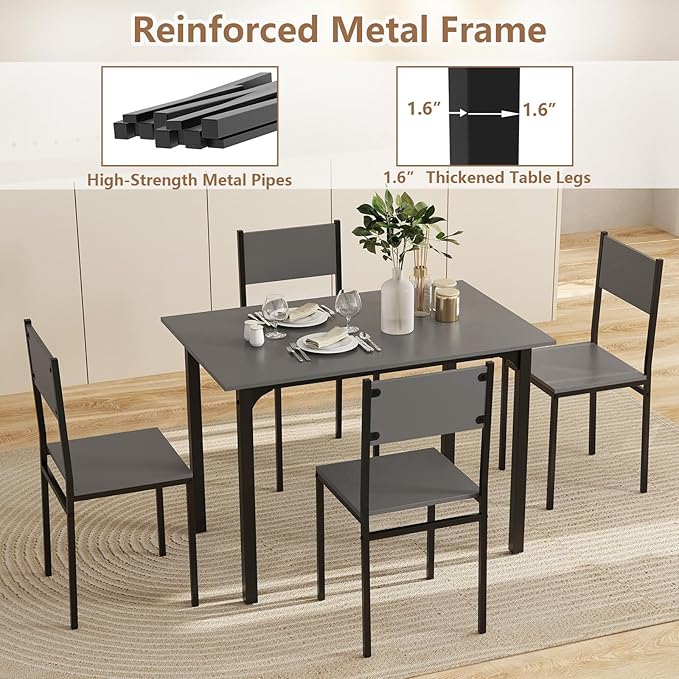 GOFLAME 5-Piece Dining Table Set, Industrial Kitchen Table and Chairs for 4 with Backrest and Metal Frame, Rectangular Space-Saving Dinette Set for Dining Room, Apartment, Small Space, Grey