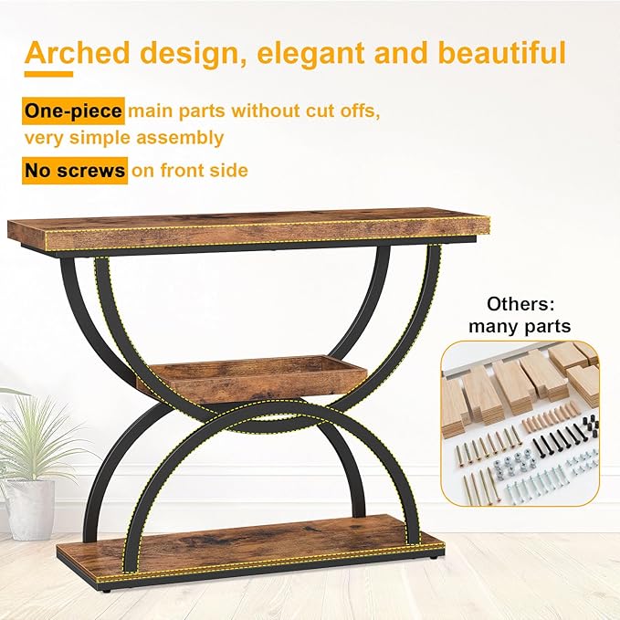 Snughome Entryway Table, 39.4" Console Table, 3-Tier Industrial Sofa Table Behind Couch Accent Table, 200 LBS Load Tabletop, Easy Assembly, for Hallway, Living Room, Foyer, Rustic Brown