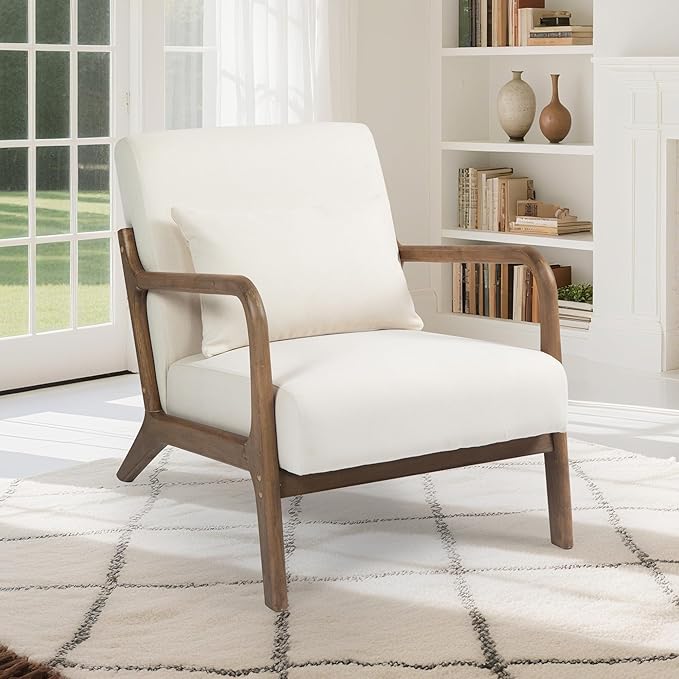 Modern Accent Chair, Cotton Linen Fabric Upholstered Lounge Armchair with Solid Wood Frame for Living Room, Bedroom, Reading Nook (White1)