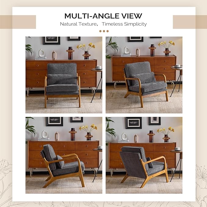 VINGLI Chenille Mid-Century Modern Accent Chair, Cute Reading Arm Chair with Cushion & Lumbar Pillow & Solid Wood Frame for Lounge, Living Room, Reading Room, Bedroom, Dark-Gray