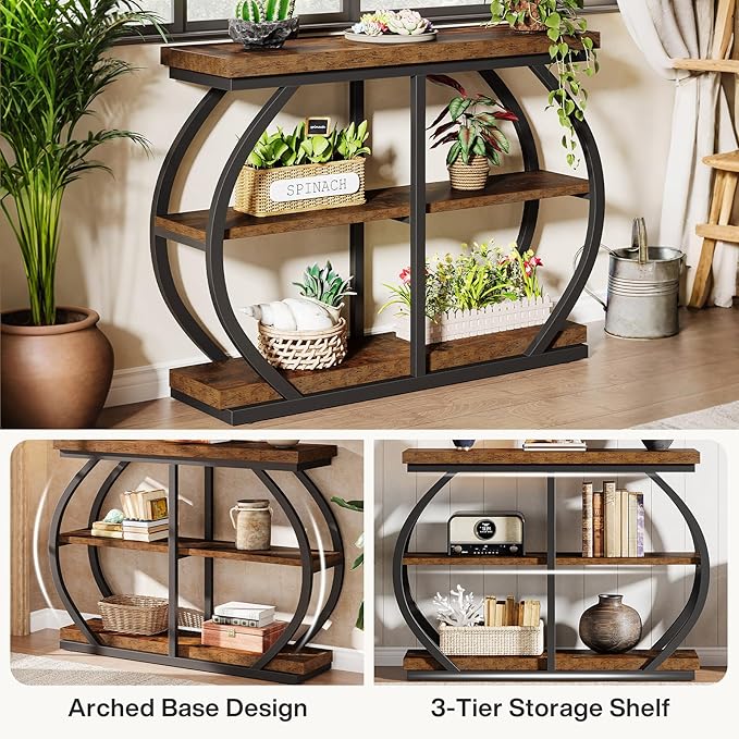 Tribesigns 41.3" Console Table, Industrial 3-Tier Entryway Table with Arched Metal Frame and Storage Shelves for Living Room, Hallway, Rustic Brown
