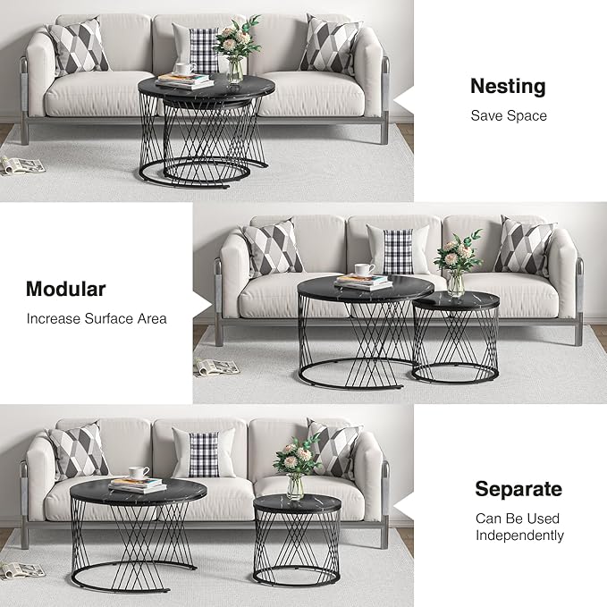 Giluta Black Round Coffee Table Set of 2, Modern Coffee Tables for Living Room, Faux Marble Center Table, Nesting Coffee Table