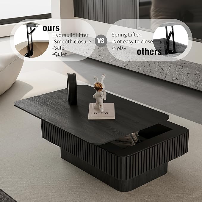 38.6'' Lift Top Fluted Coffee Table with Hidden Compartment, Modern Rectangular Wooden Center Table Cocktail Tea Table with Storage and Adjustable Height for Living Room Apartment, Black