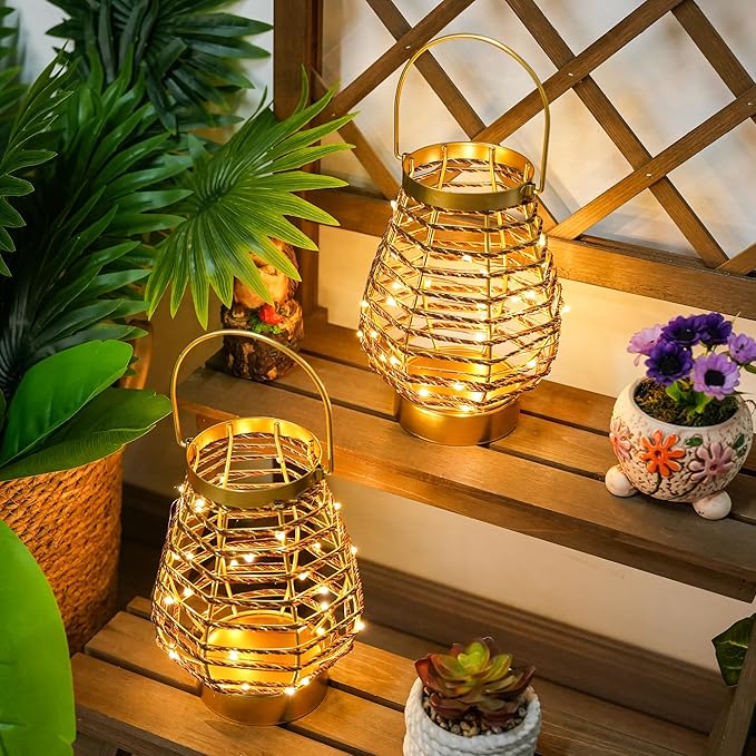 Set of 2 Metal Cordless Table Lamp 8 "H Metal Cage LED Cage Lamp with 6-Hour Timer, Vintage Decorative Fairy Lights Lantern for Indoor/Outdoor Bedrooms Weddings Parties Patio Events