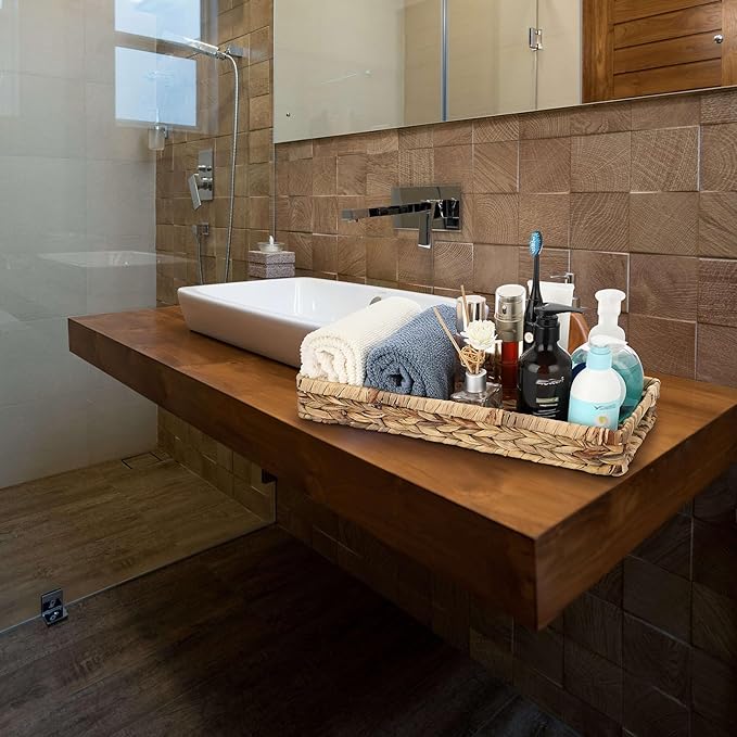 Sumnacon Bathroom Tray for Counter 16.9 Inch Water Hyacinth Bathroom Tray Over Toilet,Wicker Toilet Tank Tray Organizer Decorative Tray for Bathroom Toilet Vainty Kitchen Shelf Dining Table Desk