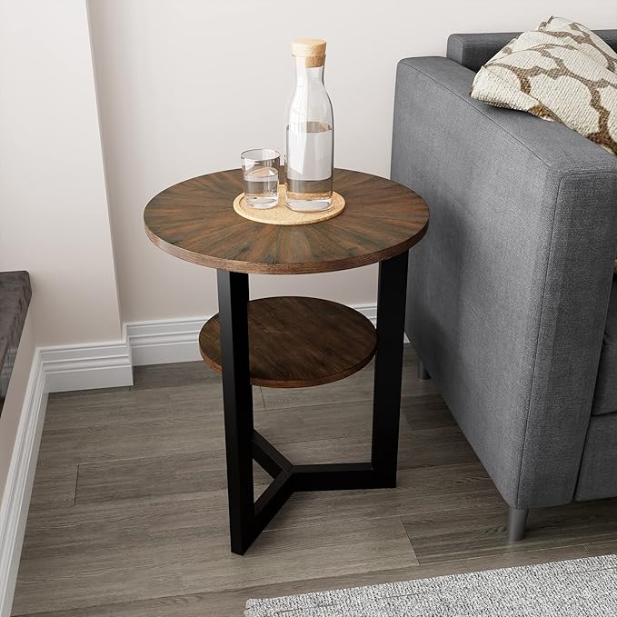 LEEMTORIG Round Side Table, 2-Tier End Table Nightstand with Metal Legs, Modern Bedside Accent Couch Table for Living Room, Bedroom, Office, Rustic Brown/Black, 19.3 x 19.3 x 24 inches BZ-1338-NC