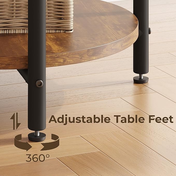 LIKIMIO 15.8" W Small Round Side Table with Charging Station, 2-Tier End Table with Lower Shelf, Wooden Nightstand for Small Spaces, Living Room, Bedroom, Rustic Brown