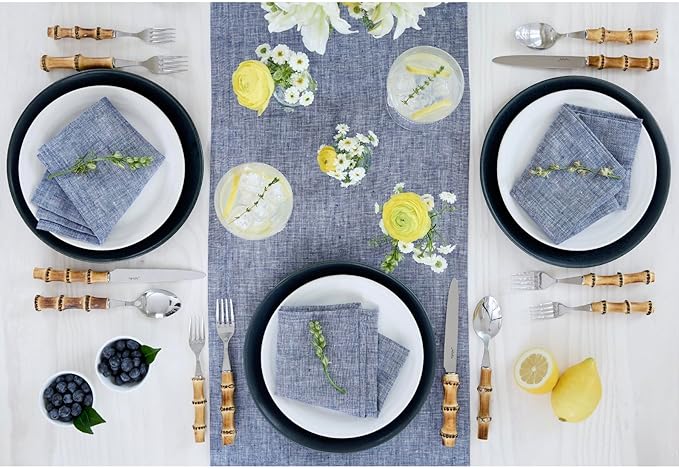 Solino Home Linen Chambray Indigo Table Runner 132 Inches Long - Athena, 100% Pure Linen Dining Table Runner 14 x 132 Inch for Christmas