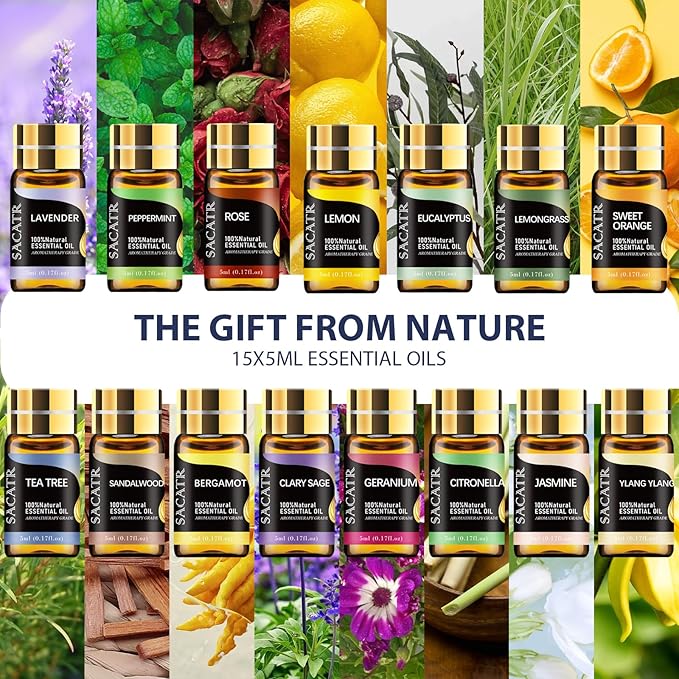 SACATR 500ml Essential Oil Diffuser with 15 Essential Oils, Ultrasonic Cool Mist Humidifier, Remote Control, 4 Timers, 15 Color Lights, Auto Shut-Off