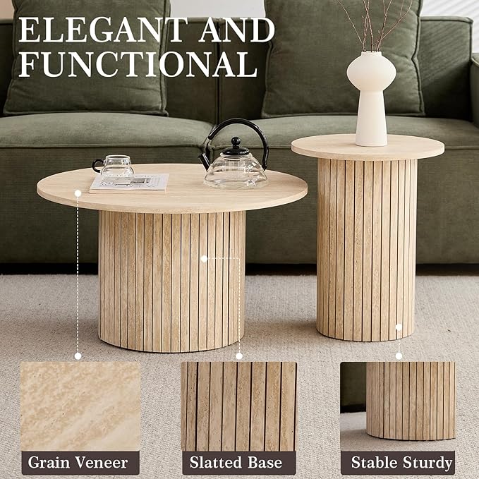 Small Round Coffee Table Set of 2, Wood Finish Nesting Coffee Tables, Boho Circle Side Table for Living Room (φ27.6 Large Short + φ15.8 Small Tall)