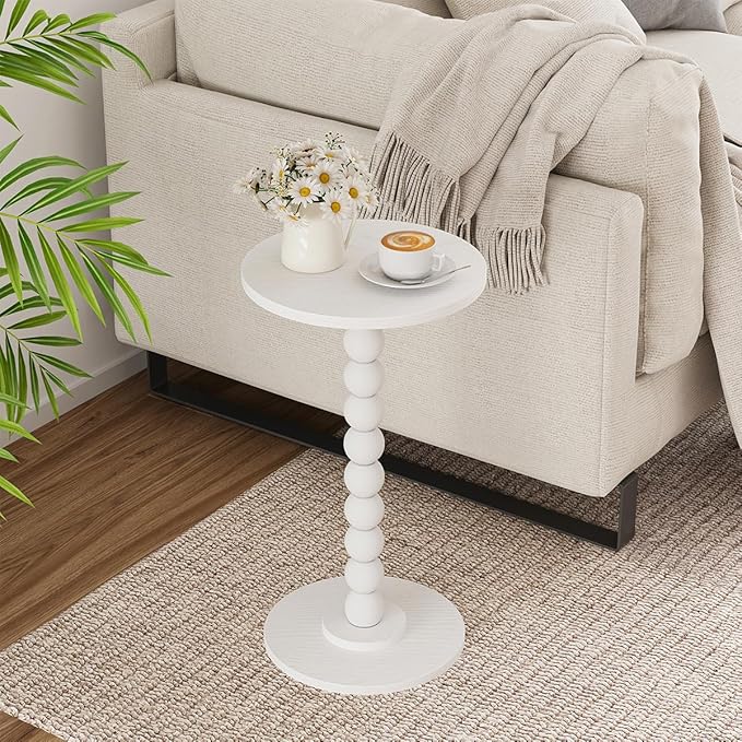 Round Side Table, Small Drink Table for Small Spaces, Pedestal End Table for Living Room, Modern Accent Nightstand with Solid Wood Leg for Bedroom, Corners and Office White Color UTBT005W