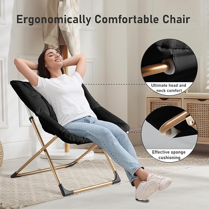 Comfy Oversized Saucer Chair, Soft Faux Fur Reading Lounge Chair for Adults, Stable X-Large Metal Frame and Non-Slip Pad, Foldable Cozy Chairs for Bedroom, Living Room, Dorm, Office, Black