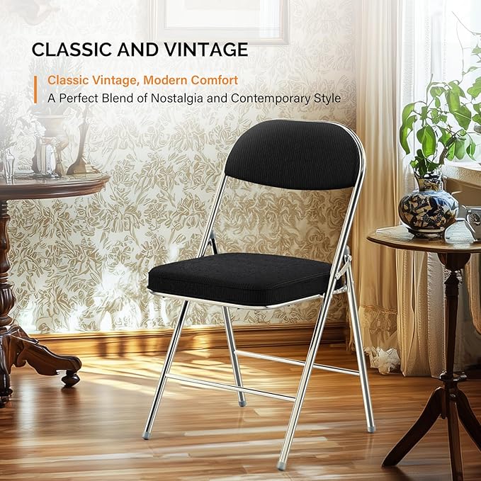VINGLI Folding Chairs with Padded Seat & Backrest, Metal Frame, Durable Corduroy Fabric, 350 lbs Capacity, Set of 1, Black – Ideal for Weddings, Parties, Office Events