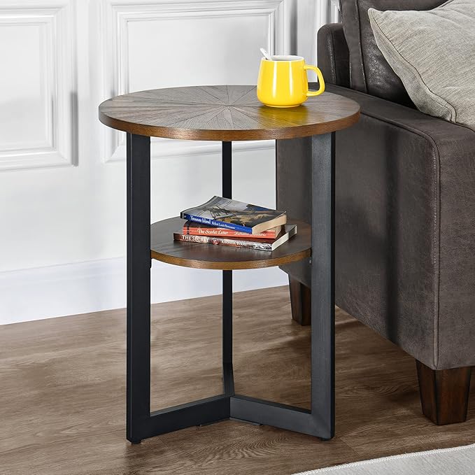 LEEMTORIG Round Side Table, 2-Tier End Table Nightstand with Metal Legs, Modern Bedside Accent Couch Table for Living Room, Bedroom, Office, Rustic Brown/Black, 19.3 x 19.3 x 24 inches BZ-1338-NC