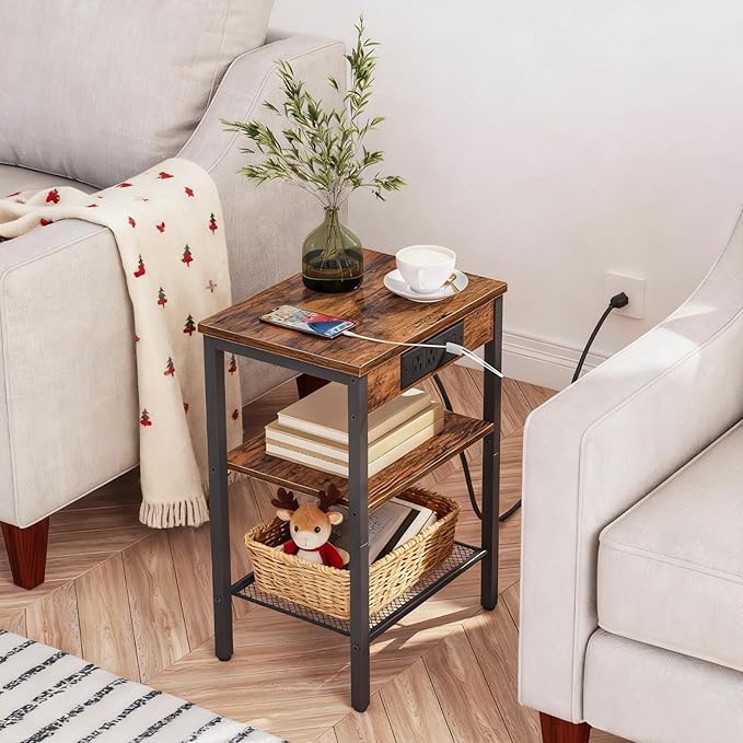 HOOBRO Side Table with Charging Station and USB Port, Small End Table for Small Space, 3-Tier Nightstand with Adjustable Shelf, for Living Room, Bedroom and Balcony, Rustic Brown BF112BZ01