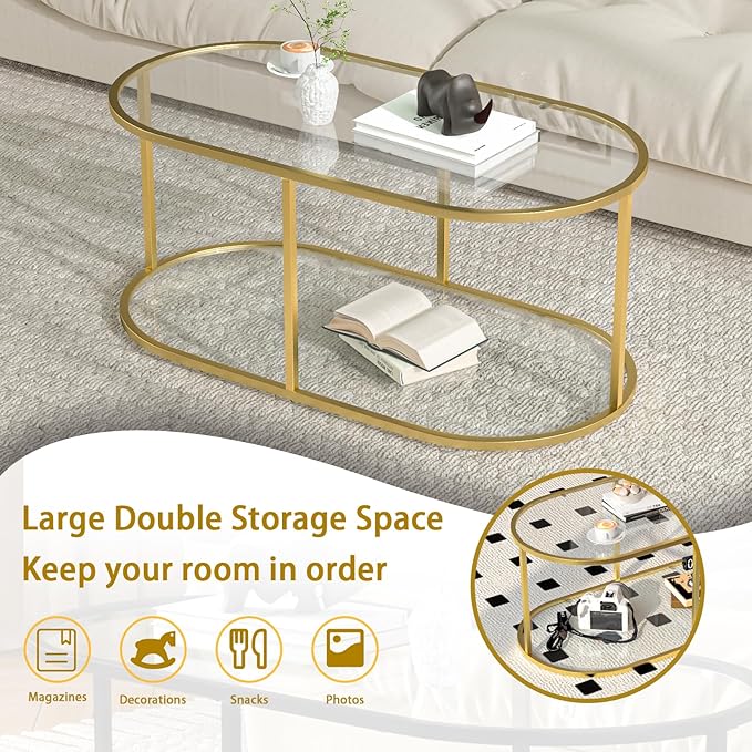 Coffee Table Gold Glass Coffee Table for Living Room,2 Tiers Oval Center Table with Sturdy Metal Frame,Modern Tempered Glass Accent Table for Bedroom Home Office