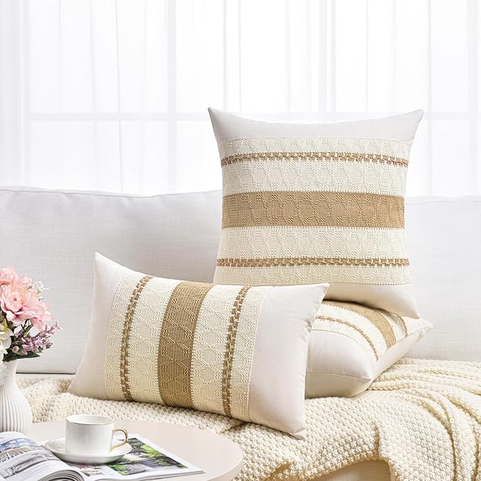 Fancy Homi Set of 2 Neutral Tan Lumbar Decorative Throw Pillow Cover 12x20 Inch for Couch Bed Sofa Chair, Modern Organic Farmhouse Boho Home Decor, Soft Cotton Cute Accent Taupe Rectangle Cushion Case