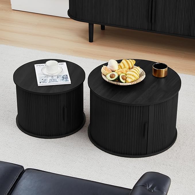 Round Coffee Table, 2 Piece Coffee Table Set with Storage Space and Sliding Door, Modern Fluted Coffee Side Table for Living Room, Office, Bedroom (Black)