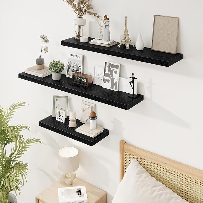 16in Floating Shelves for Wall, 16"W x 9.25"D x 1.25"H, 2 Pack Long Wall Mounted Engineered Wood Shelves with Invisible Brackets for Living Room, Bedroom, Bathroom, Kitchen Decor and Storage, Black