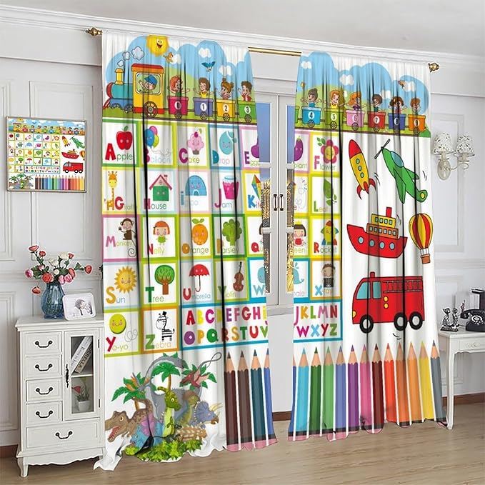 Alphabet Curtains，Numeration Table and Catoon Transportation Pattern Blackout Print Window Drapes for Kids Bedroom Living Room 84x84 Inch