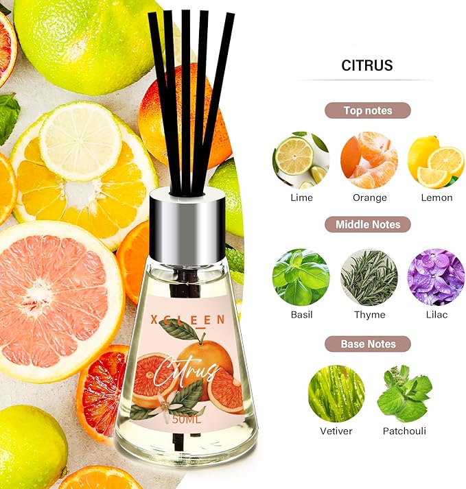 Reed Diffuser of 3 Pack, Escape/Citrus/Sandalwood, Scented Diffuser with 15 Fiber Sticks, Home Fragrance Oil Diffuser, Air Freshener for Bathroom & Bedroom, Each 1.7Fl Oz, Total 5.1Oz